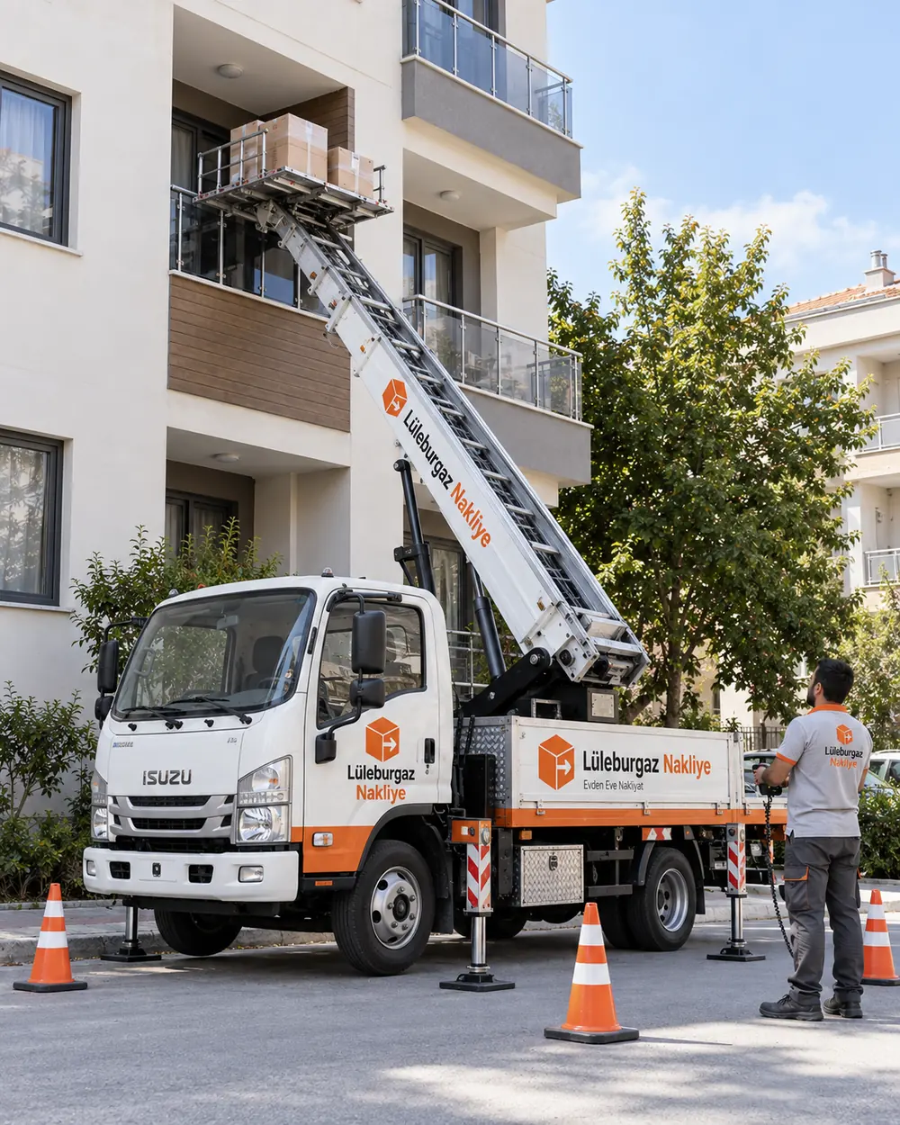 Apartman balkonuna koli çıkaran mobil nakliye asansörü ve kumandadaki operatör