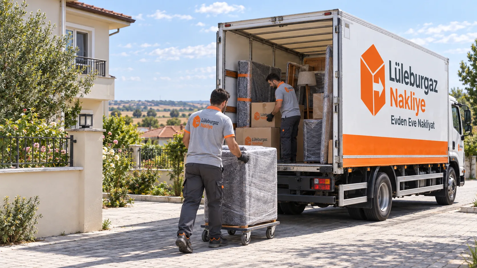 Müstakil ev önünde sarılı mobilyayı tekerlekli platformla kamyona götüren görevli, arkada ova