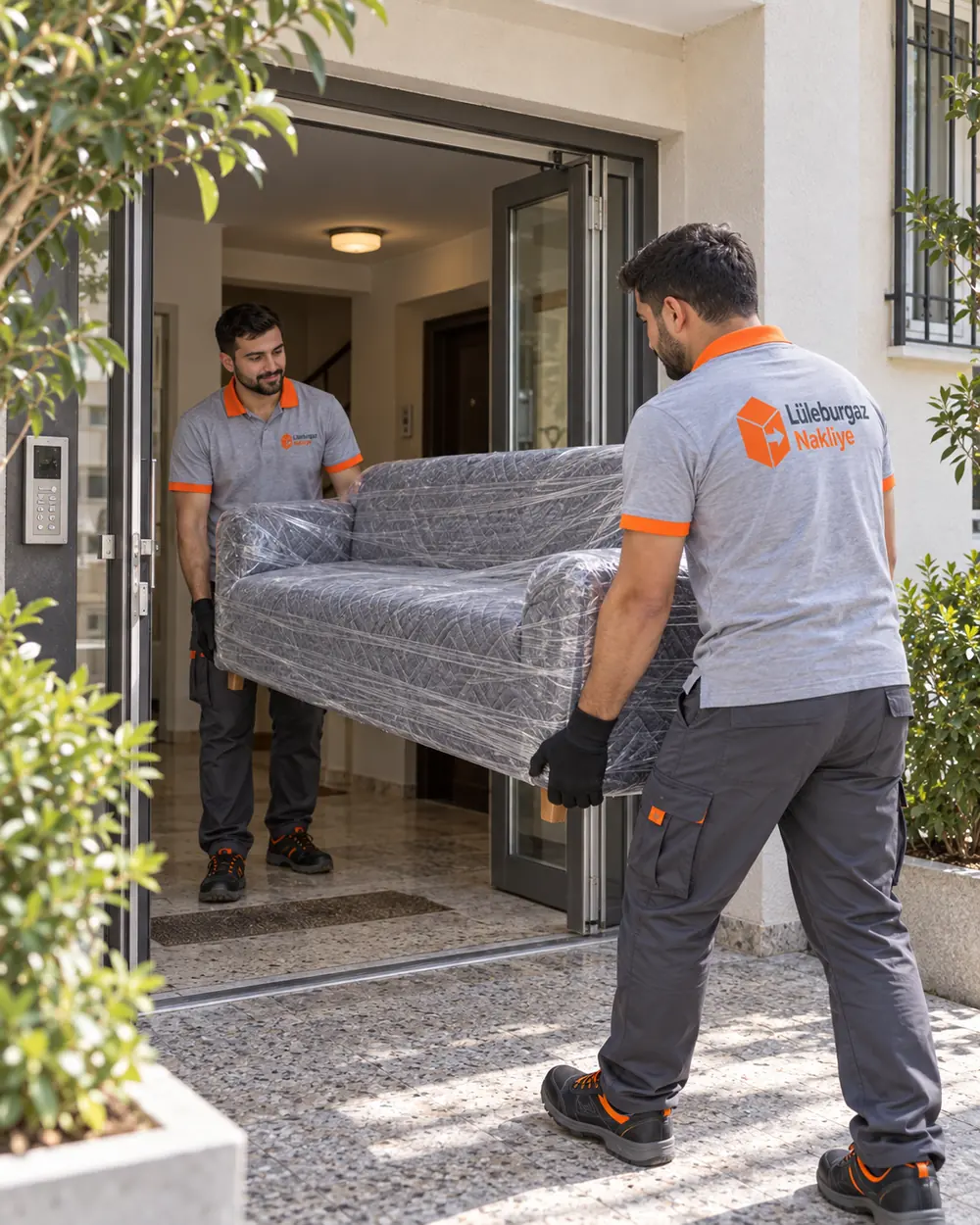 Streç filme sarılı koltuğu apartman kapısından birlikte çıkaran iki nakliye görevlisi