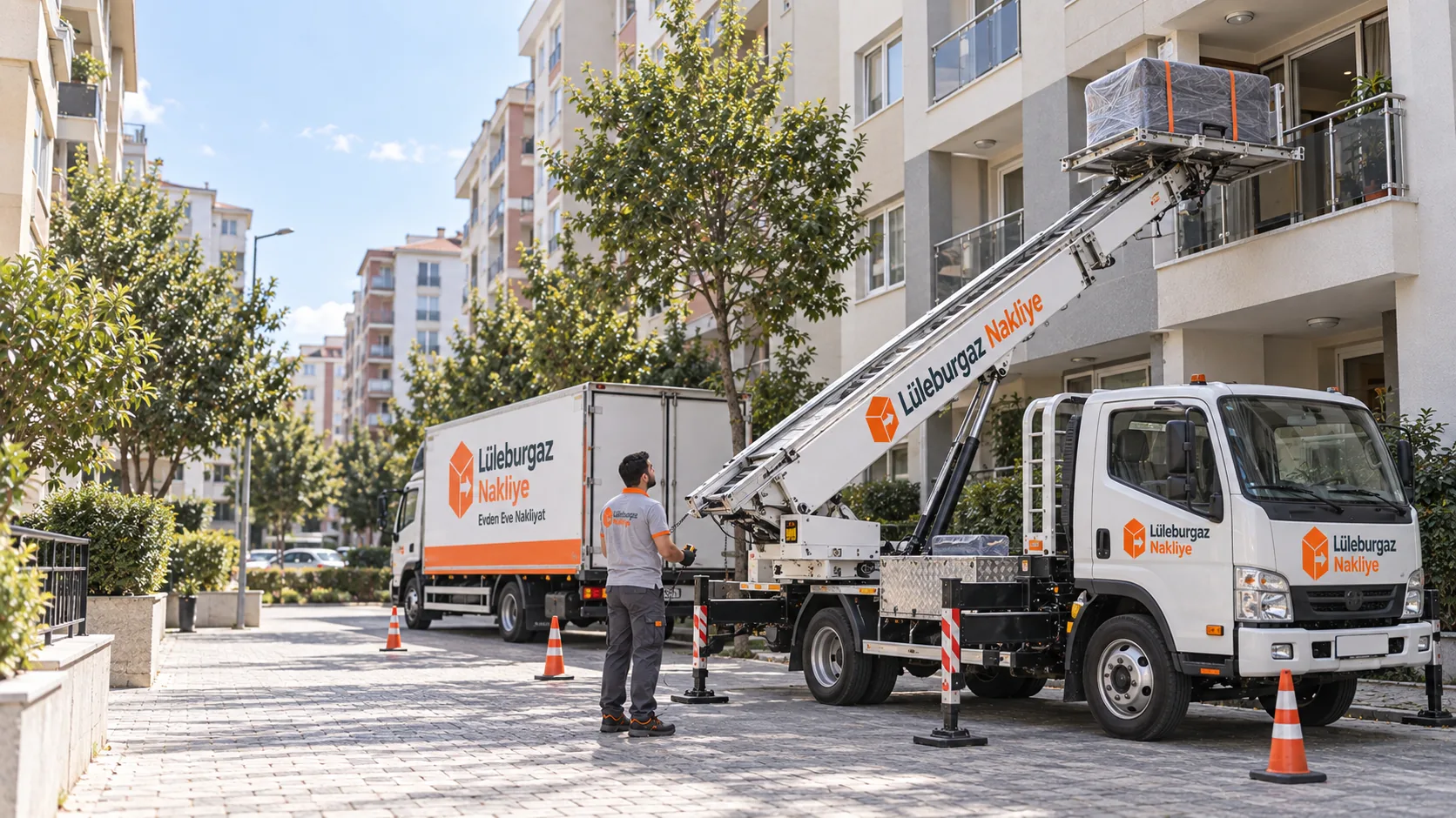 Sitede asansörlü araçla balkona eşya çıkarılıyor; yanında nakliye kamyonu ve operatör