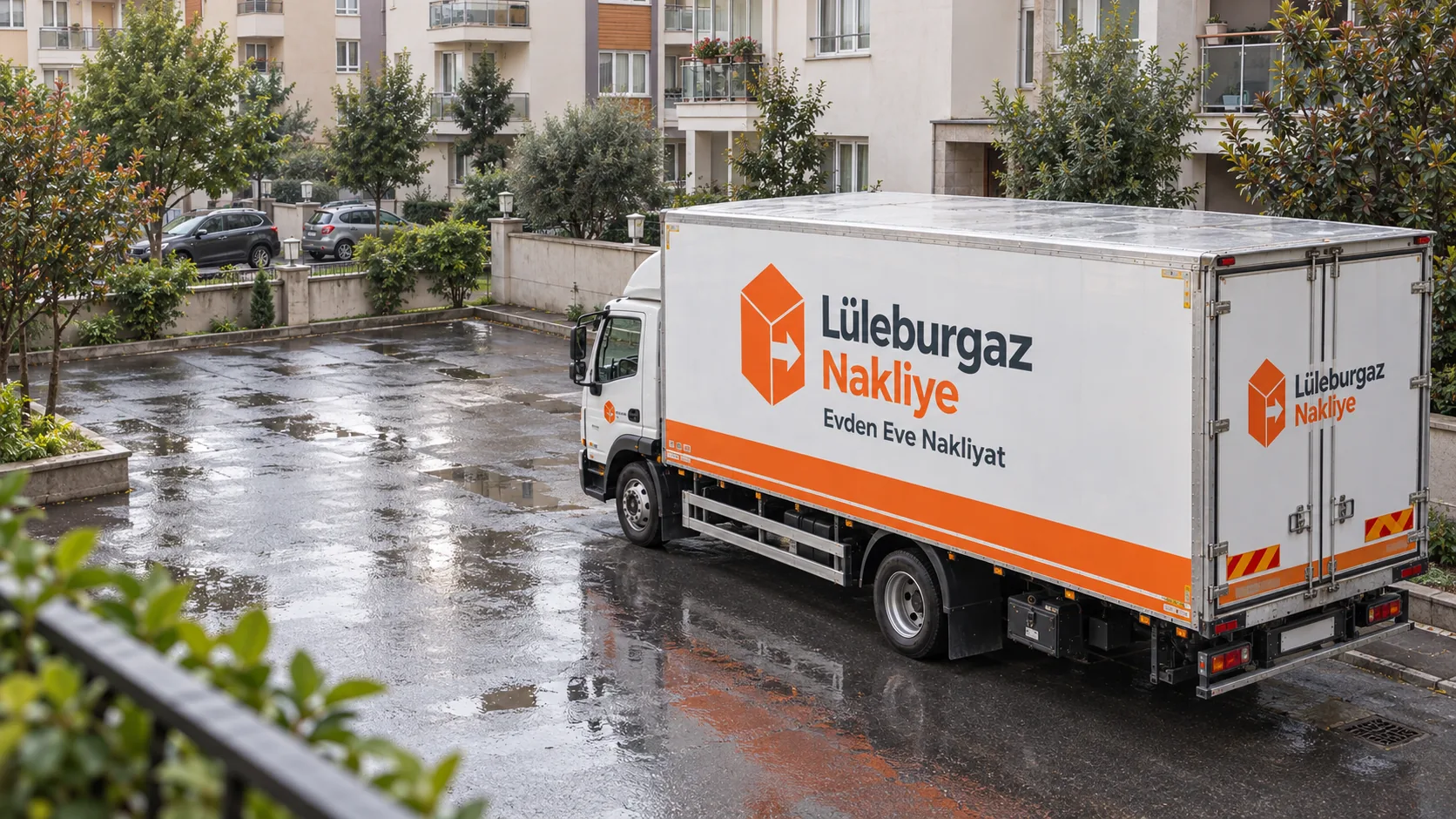 Yağmur sonrası site otoparkında park etmiş Lüleburgaz Nakliye kamyonu
