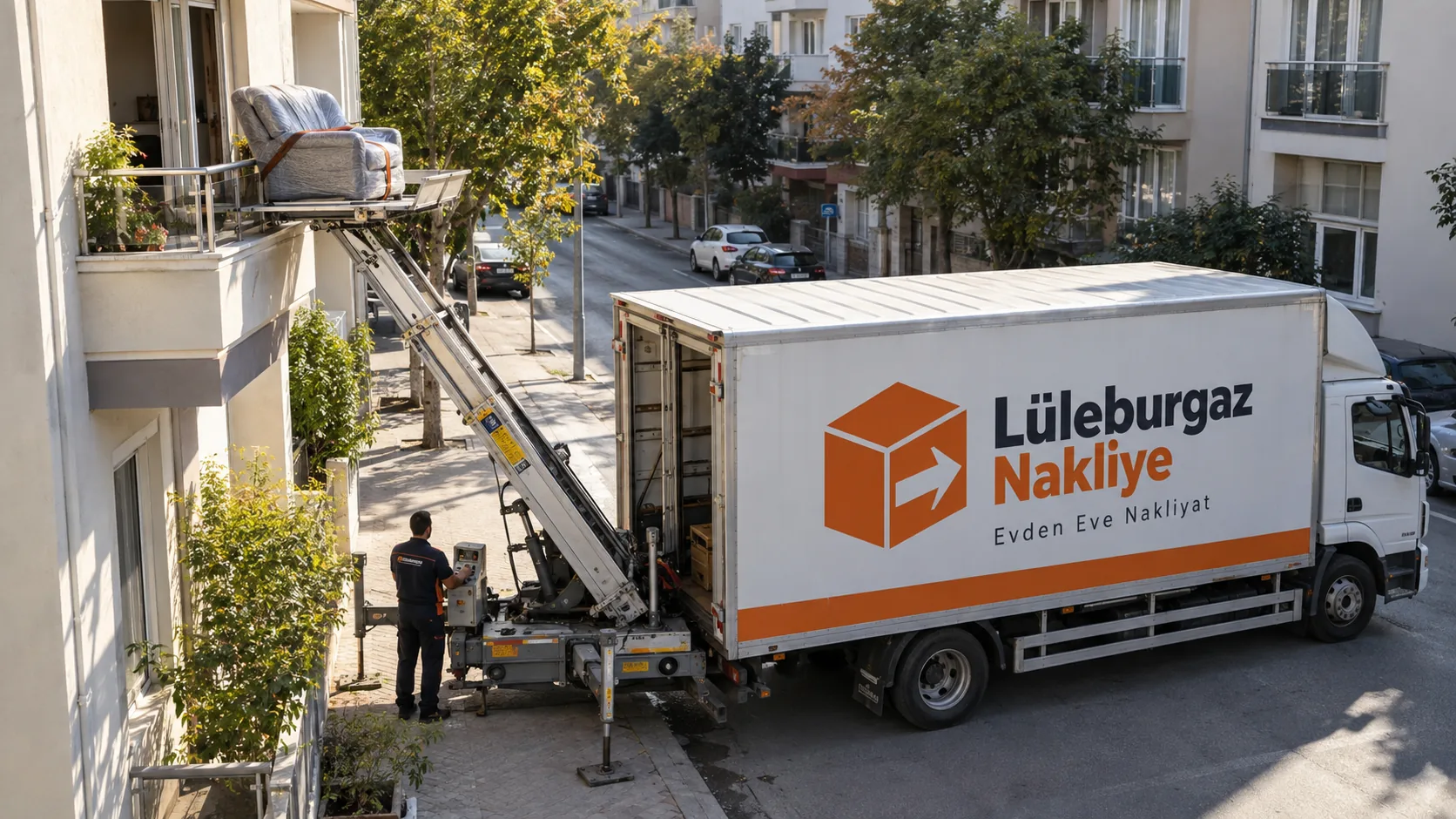 Balkondan eşya indiren mobil asansör ve yanında Lüleburgaz Nakliye kamyonu, üstten görünüm