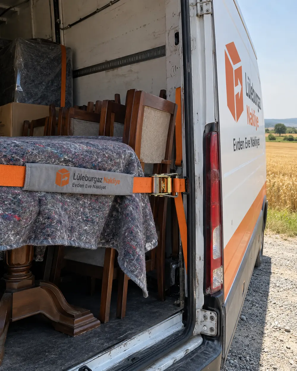 Panelvan kasasında battaniyeyle örtülüp kayışla sabitlenmiş masa ve sandalyeler