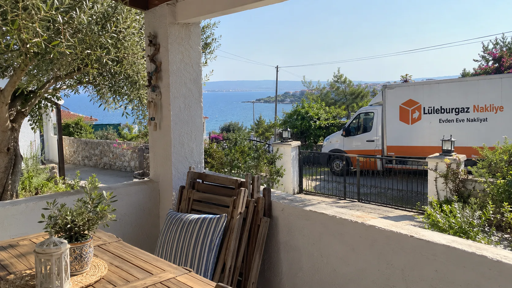 Deniz manzaralı yazlık verandası; bahçe kapısı önünde bekleyen Lüleburgaz Nakliye kamyonu