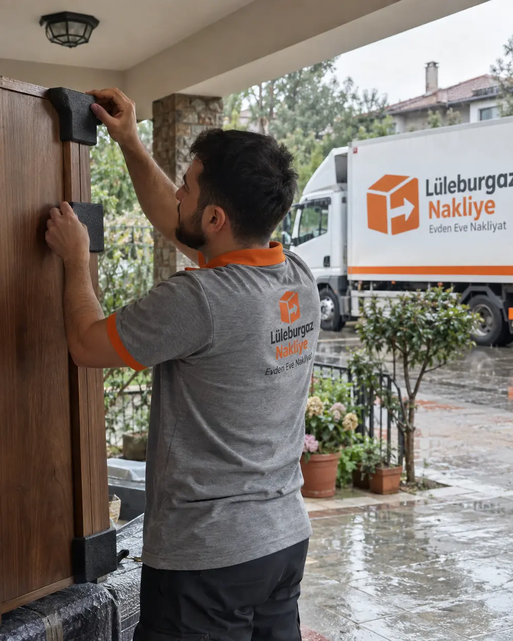 Ahşap kapı kanadına köşe koruyucu takan nakliye görevlisi; arkada kamyon