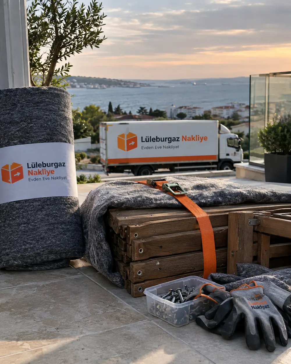 Terasta sökülmüş ahşap mobilya, rulo battaniye ve eldivenler; arkada deniz ve nakliye kamyonu