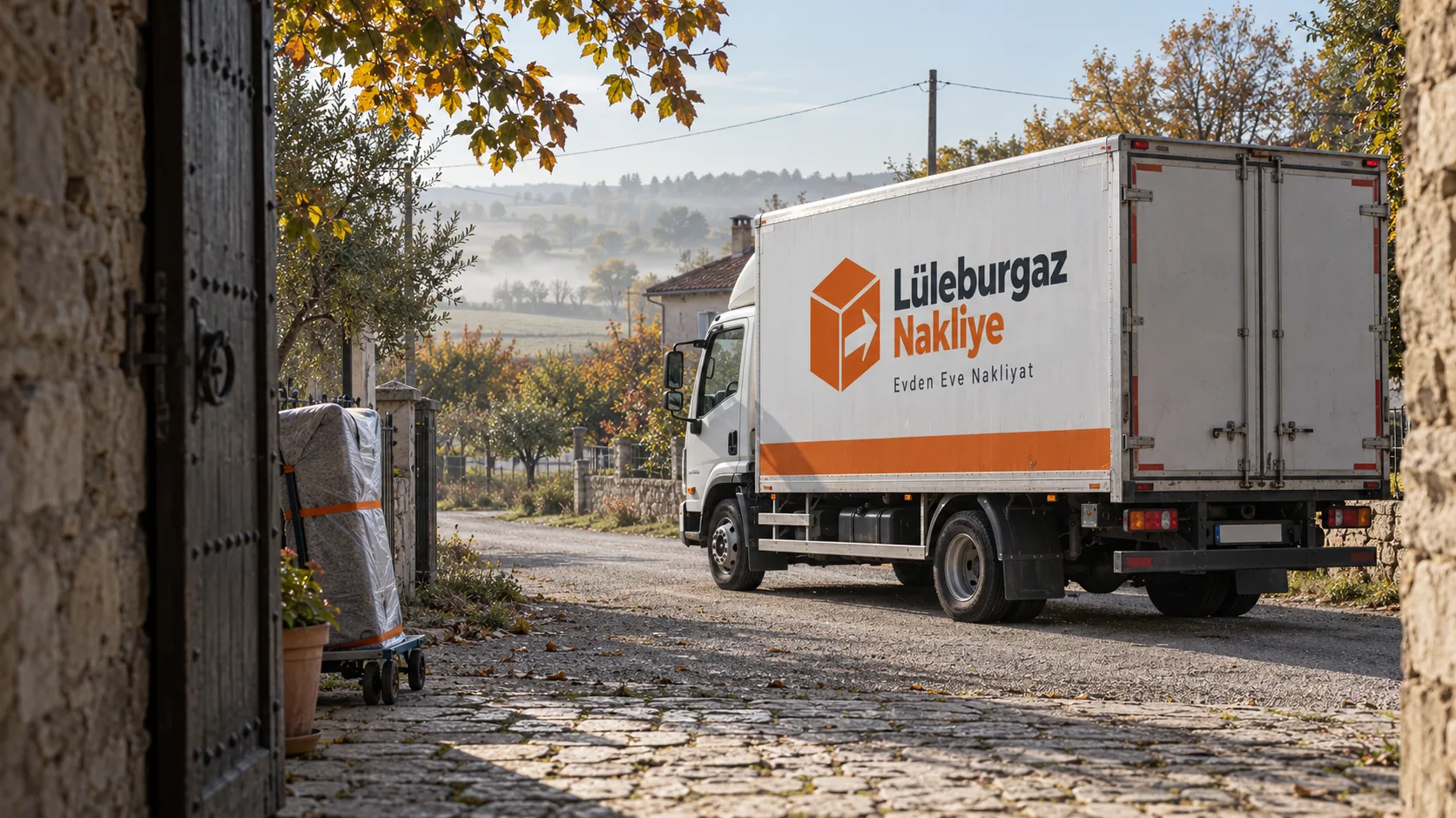 Taş avlu kapısından görünen Lüleburgaz Nakliye kamyonu; kapı yanında sarılı eşya