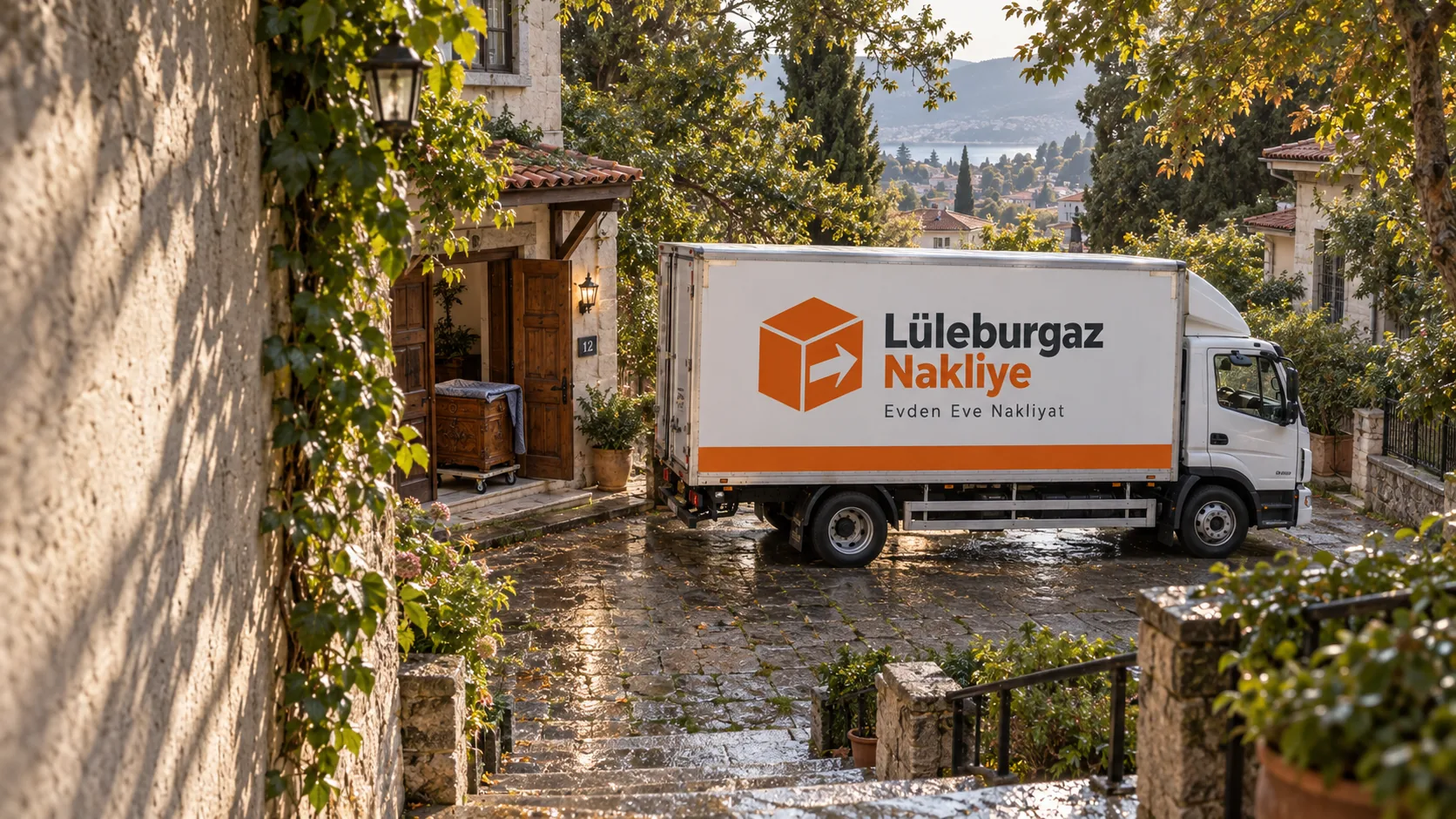 Taş döşeli yokuşta eski bir evin önünde bekleyen Lüleburgaz Nakliye kamyonu