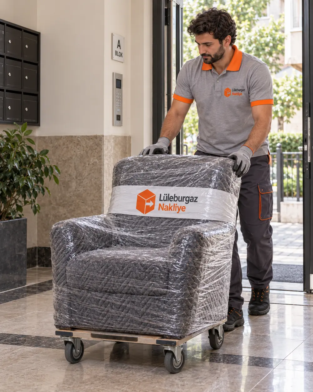 Apartman girişinde sarılı tekli koltuğu tekerlekli platformla taşıyan görevli