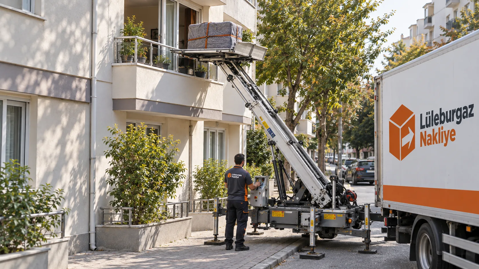 Balkona uzanan mobil nakliye asansörü ve kumandadaki operatör, yanında kamyon
