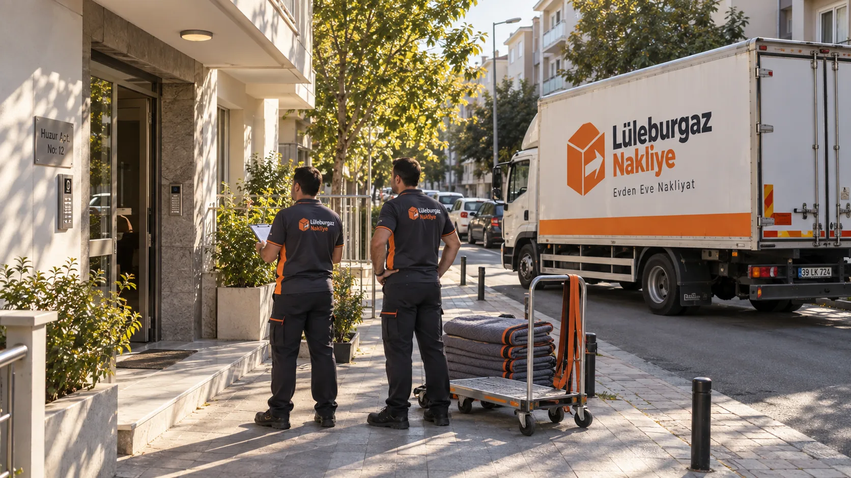 Apartman girişinde liste üzerinden konuşan iki görevli; yanlarında battaniye arabası ve kamyon