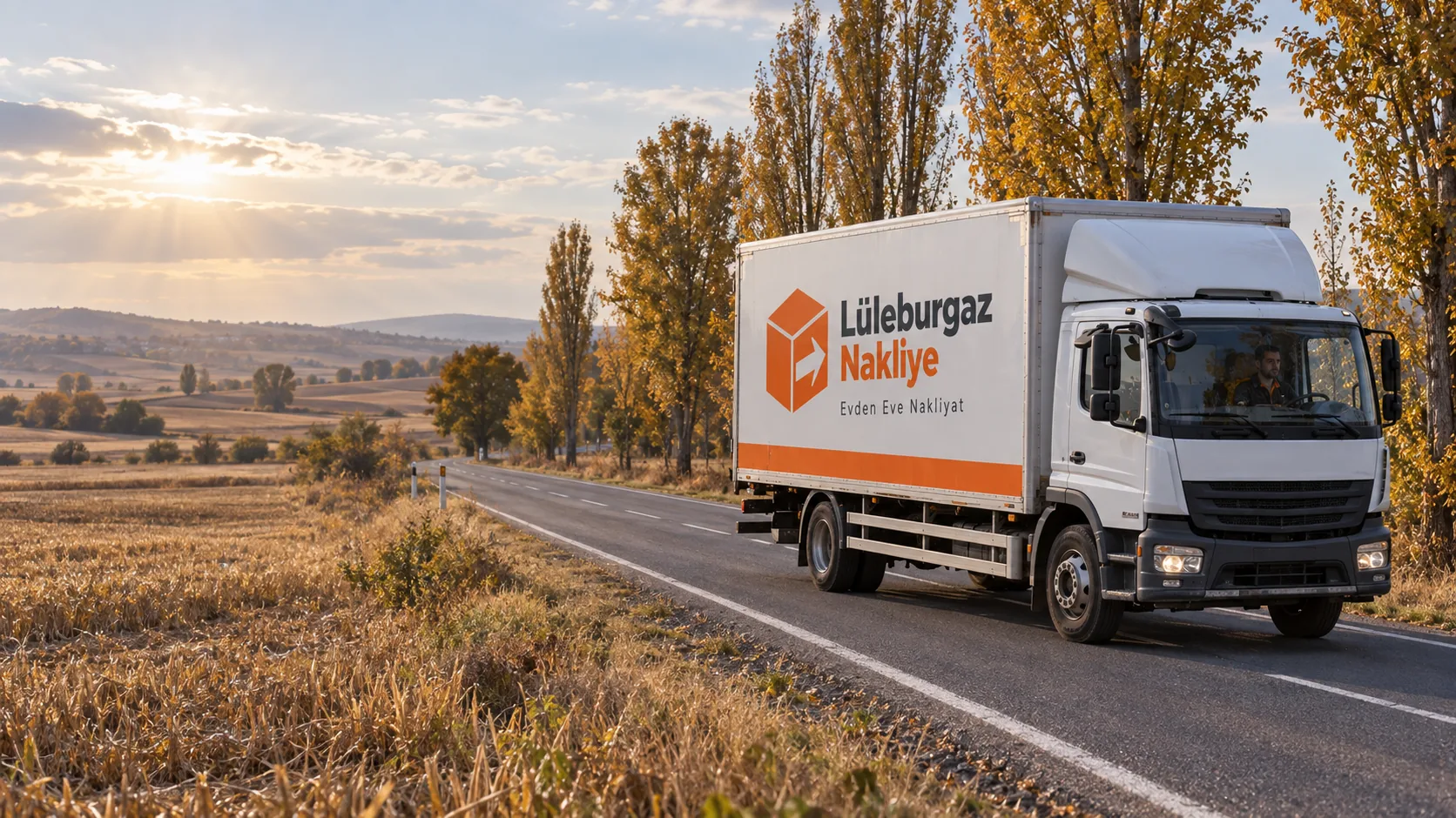 Sonbaharda kavaklı bir Trakya yolunda ilerleyen Lüleburgaz Nakliye kamyonu