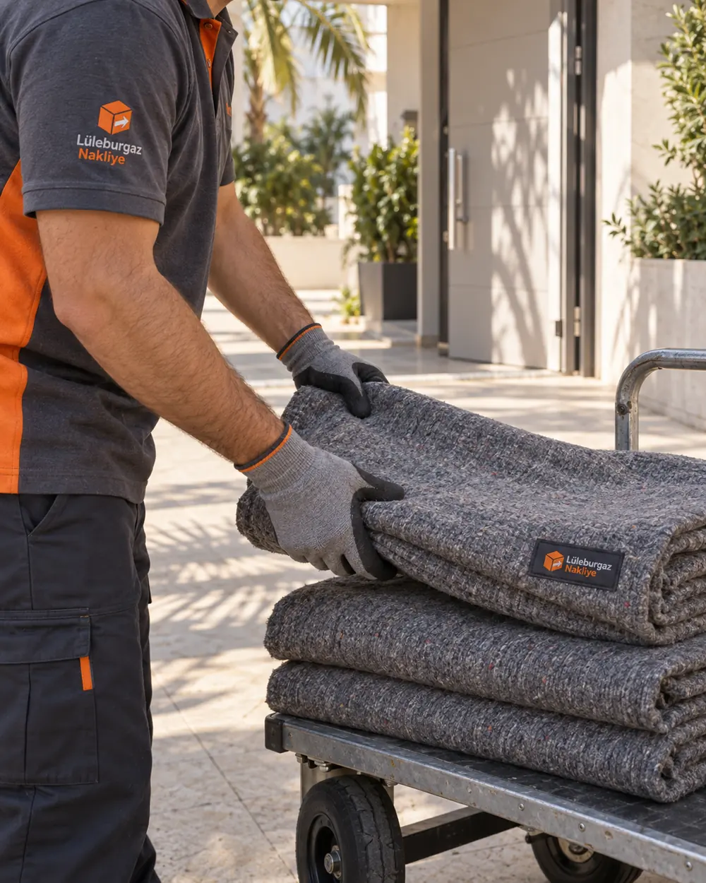 Bina girişinde taşıma arabasına katlanmış koruyucu battaniyeleri dizen görevli